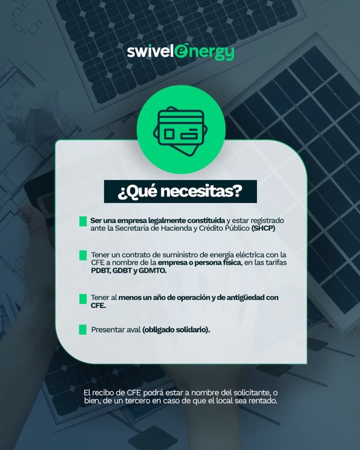 Pieza de campaña de Swivel Energy titulada «¿Qué necesitas?», con los requisitos del Eco-Crédito: ser una empresa legalmente constituida y estar registrada ante la Secretaría de Hacienda y Crédito Público; tener un contrato de suministro de energía eléctrica con CFE a nombre de la empresa o persona física, en las tarifas PDBT, GDBT y GDMTO; tener al menos un año de operación y de antigüedad con CFE; y presentar aval u obligado solidario. Al pie aclara que el recibo de CFE podrá estar a nombre del solicitante o de un tercero en caso de que el local sea rentado.